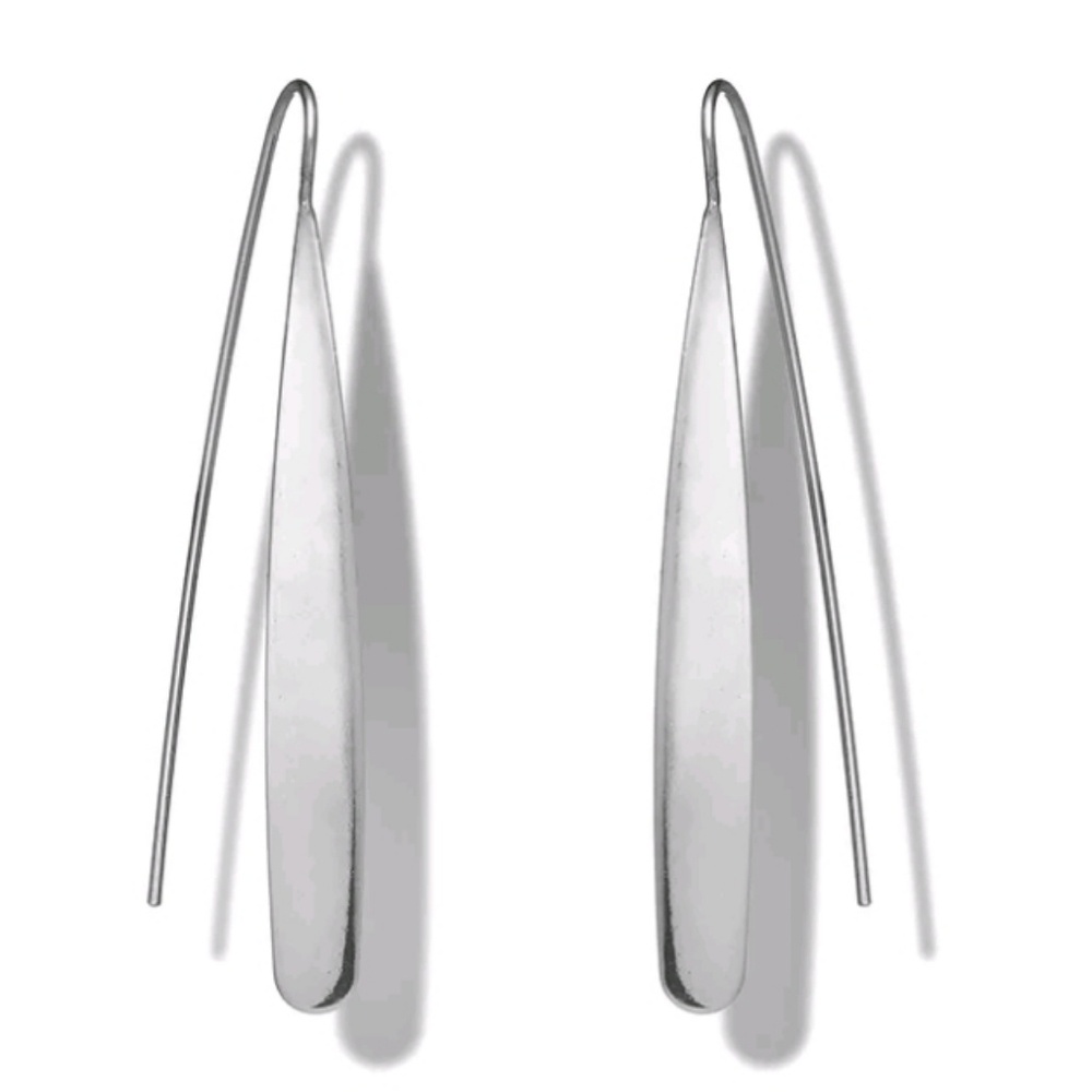 Long Silver Flat Bar Earrings Drop - Picture 4 of 5